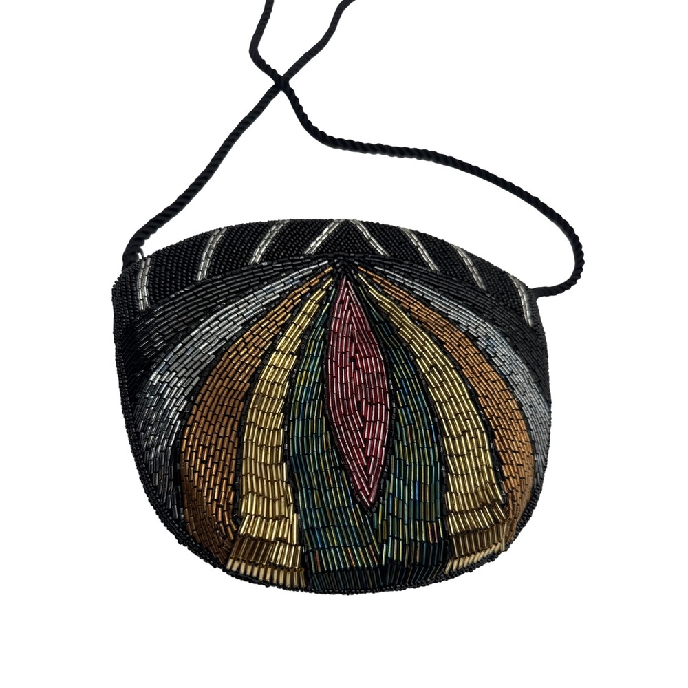 Beaded Crossbody Black Multicolor Bugle Bead Fan Pattern Evening Shoulder Purse